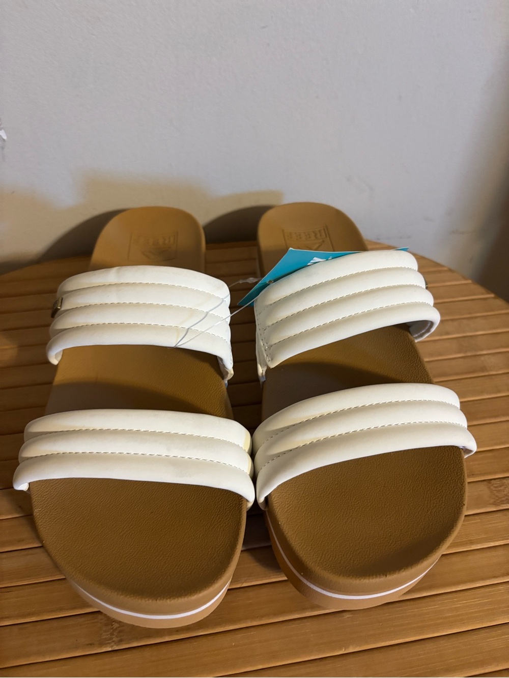 Reef Women’s White Double-Strap Slide Sandals with Tan Footbed